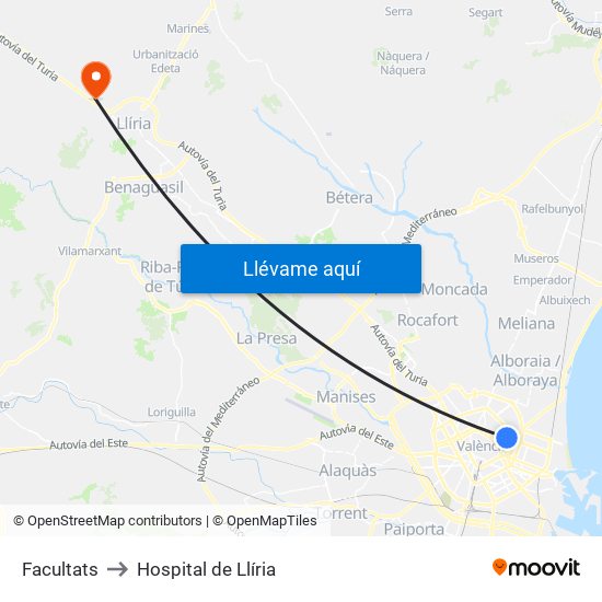 Facultats to Hospital de Llíria map
