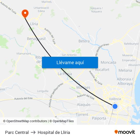 Parc Central to Hospital de Llíria map