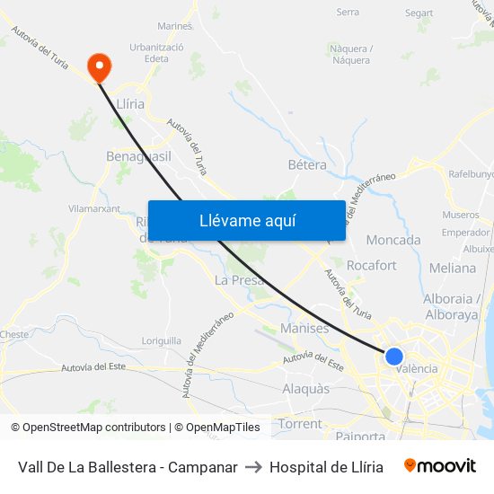 Vall De La Ballestera - Campanar to Hospital de Llíria map