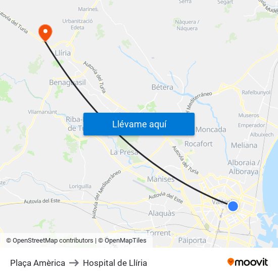 Plaça Amèrica to Hospital de Llíria map