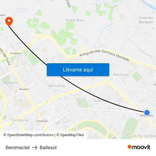 Benimaclet to Ballesol map