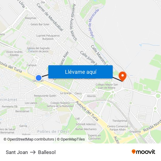 Sant Joan to Ballesol map