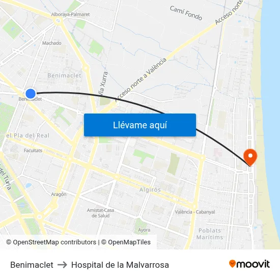 Benimaclet to Hospital de la Malvarrosa map