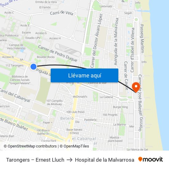 Tarongers – Ernest Lluch to Hospital de la Malvarrosa map