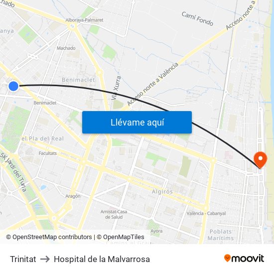 Trinitat to Hospital de la Malvarrosa map