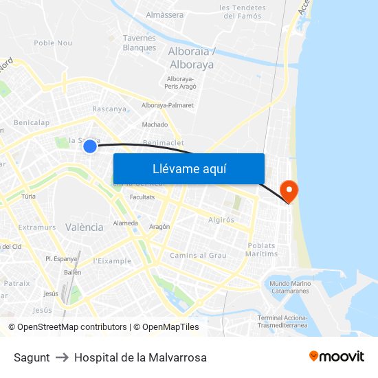 Sagunt to Hospital de la Malvarrosa map