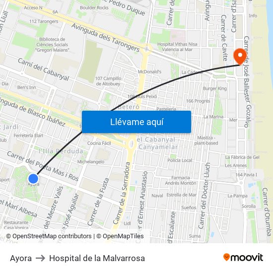 Ayora to Hospital de la Malvarrosa map