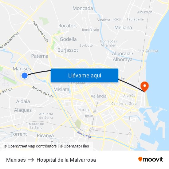 Manises to Hospital de la Malvarrosa map