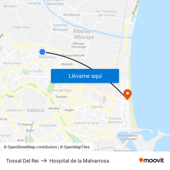 Tossal Del Rei to Hospital de la Malvarrosa map