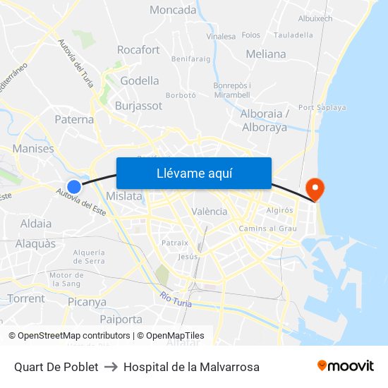 Quart De Poblet to Hospital de la Malvarrosa map