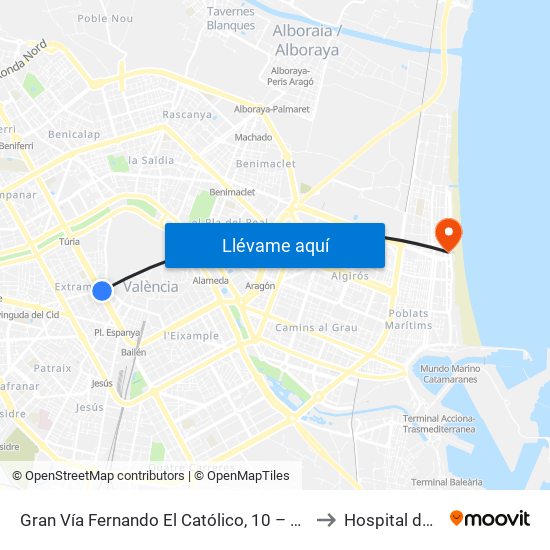 Gran Vía Fernando El Católico, 10 – Estació Metro Ángel Guimerá [València] to Hospital de la Malvarrosa map