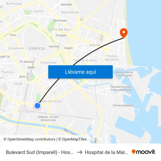 Bulevard Sud (Imparell) - Hospital La Fe to Hospital de la Malvarrosa map