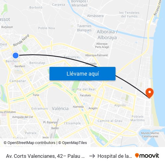 Av. Corts Valencianes, 42– Palau De Congressos [València] to Hospital de la Malvarrosa map