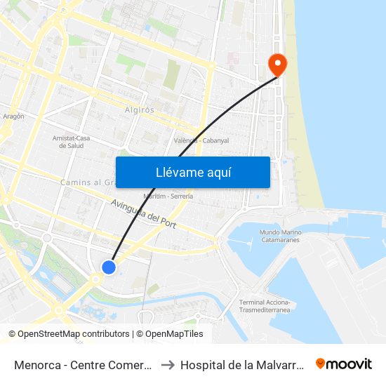 Menorca -  Centre Comercial to Hospital de la Malvarrosa map