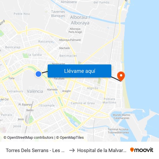 Les Corts to Hospital de la Malvarrosa map
