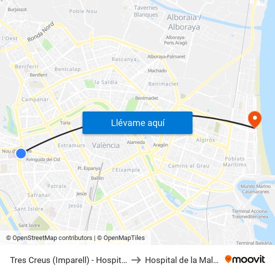 Hospital General to Hospital de la Malvarrosa map