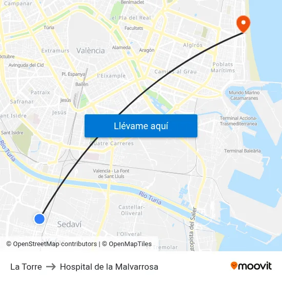 La Torre to Hospital de la Malvarrosa map