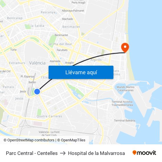 Parc Central to Hospital de la Malvarrosa map