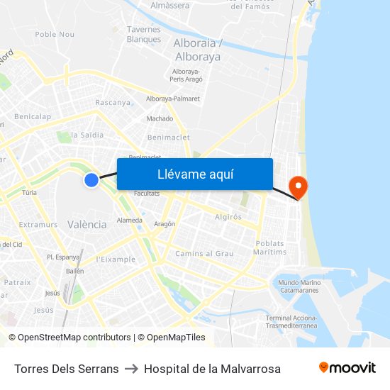 Torres Dels Serrans to Hospital de la Malvarrosa map