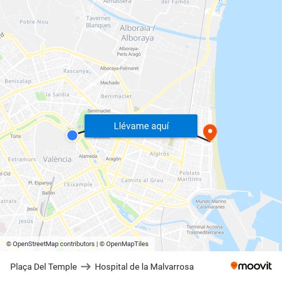 Plaça Del Temple to Hospital de la Malvarrosa map