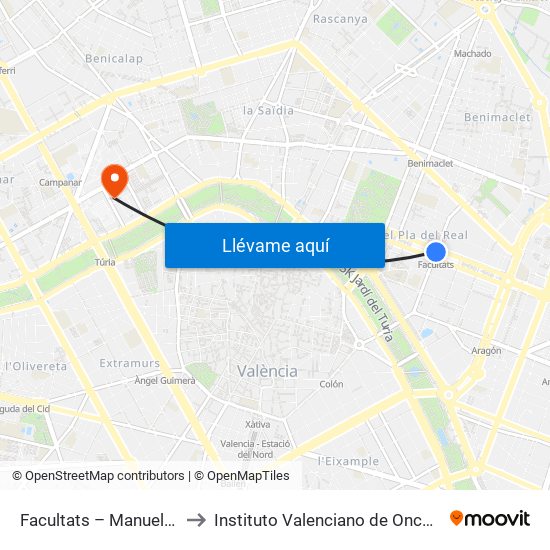 Facultats – Manuel Broseta to Instituto Valenciano de Oncologia (IVO) map