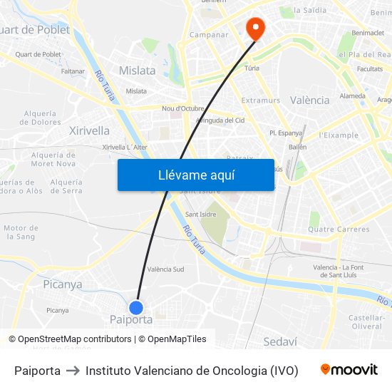 Paiporta to Instituto Valenciano de Oncologia (IVO) map