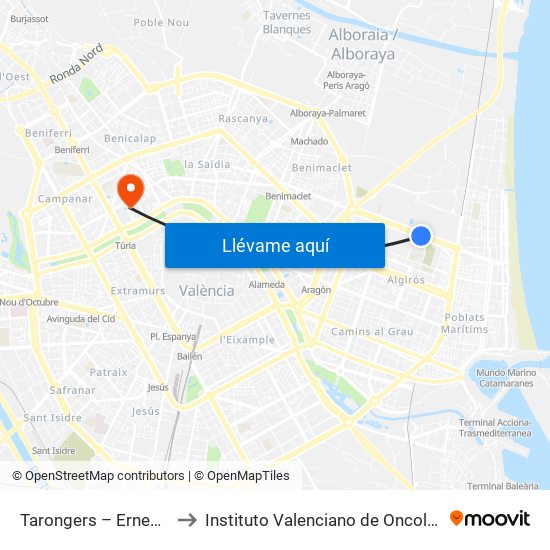 Tarongers – Ernest Lluch to Instituto Valenciano de Oncologia (IVO) map