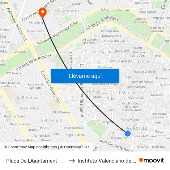 Plaça De L'Ajuntament - Periodista Azzati to Instituto Valenciano de Oncologia (IVO) map