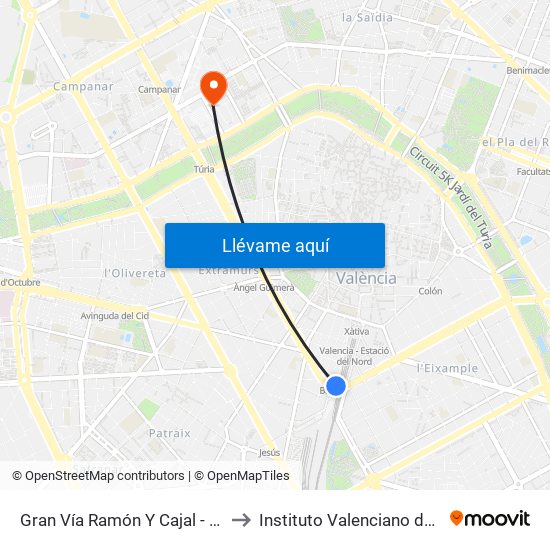 Gran Vía Ramón Y Cajal - C/ Bailén [València] to Instituto Valenciano de Oncologia (IVO) map