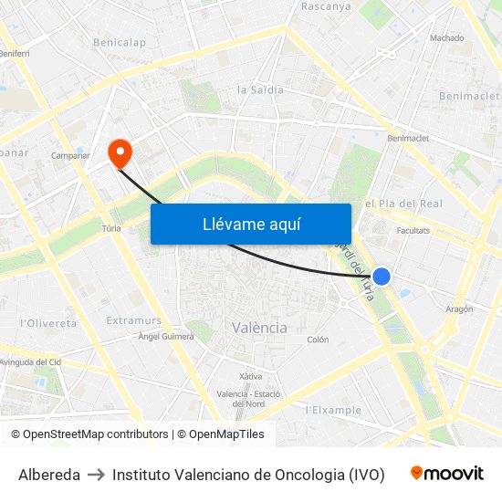 Albereda to Instituto Valenciano de Oncologia (IVO) map