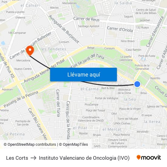 Les Corts to Instituto Valenciano de Oncologia (IVO) map