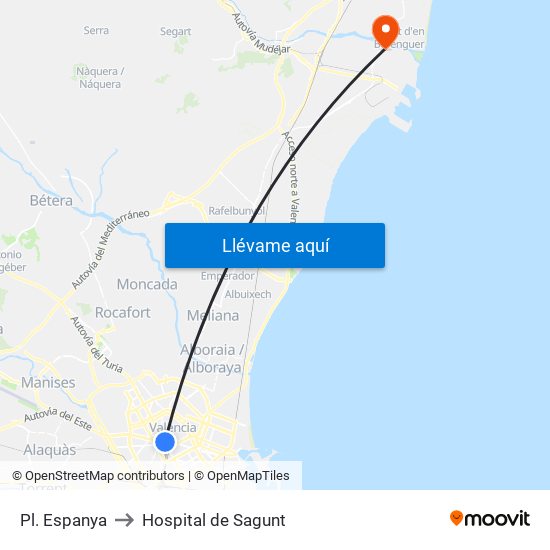 Pl. Espanya to Hospital de Sagunt map