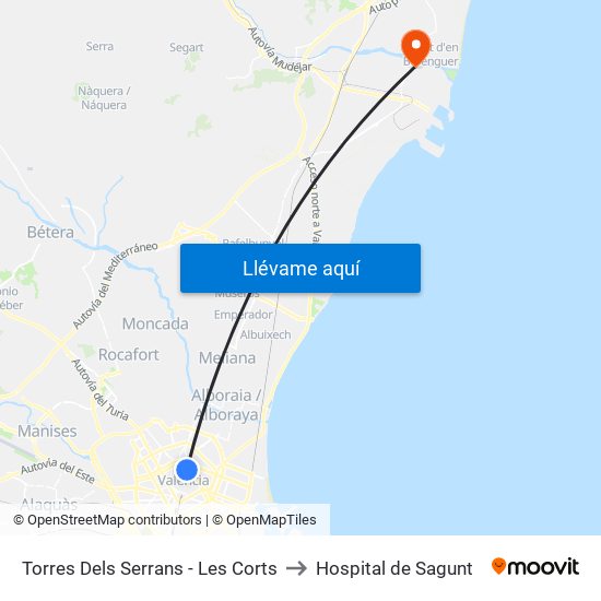 Les Corts to Hospital de Sagunt map