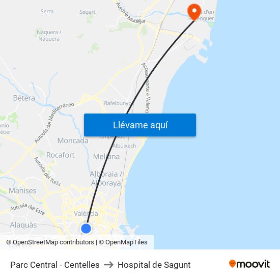 Parc Central to Hospital de Sagunt map