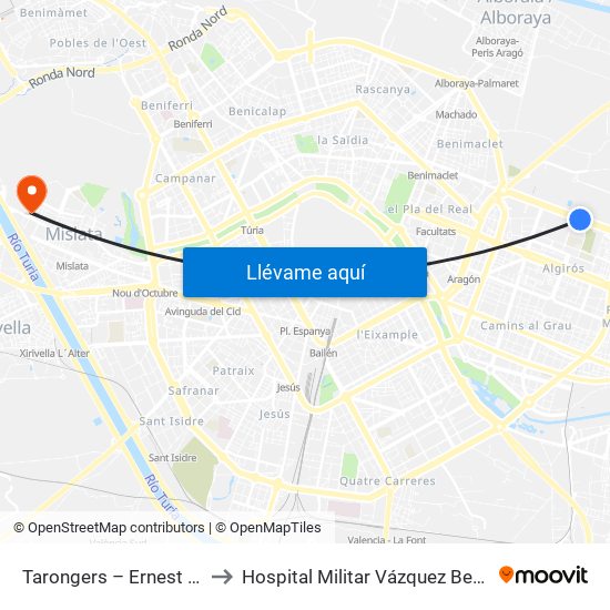 Tarongers – Ernest Lluch to Hospital Militar Vázquez Bernabéu map