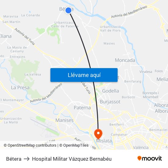 Bétera to Hospital Militar Vázquez Bernabéu map