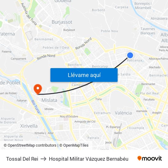 Tossal Del Rei to Hospital Militar Vázquez Bernabéu map
