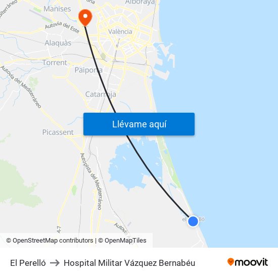 El Perelló to Hospital Militar Vázquez Bernabéu map