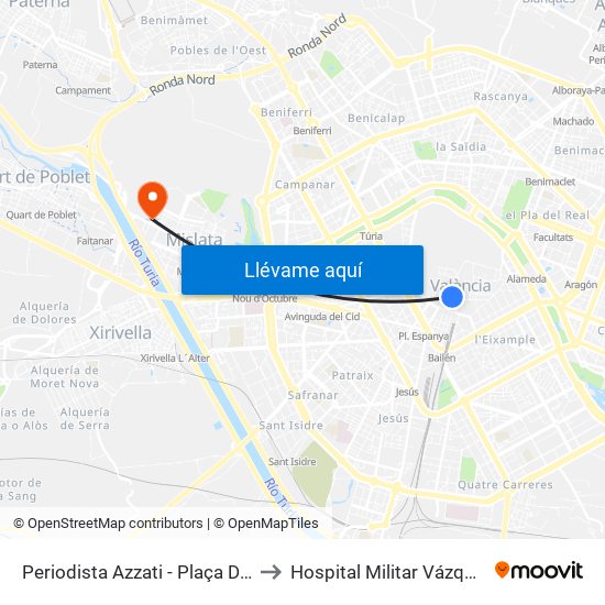 Plaça De L'Ajuntament - Periodista Azzati to Hospital Militar Vázquez Bernabéu map