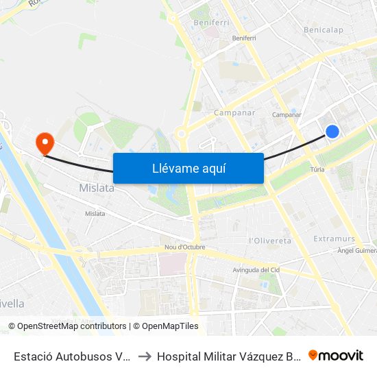Estació Autobusos València to Hospital Militar Vázquez Bernabéu map