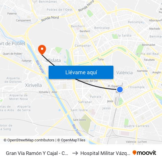 Gran Vía Ramón Y Cajal - C/ Bailén [València] to Hospital Militar Vázquez Bernabéu map