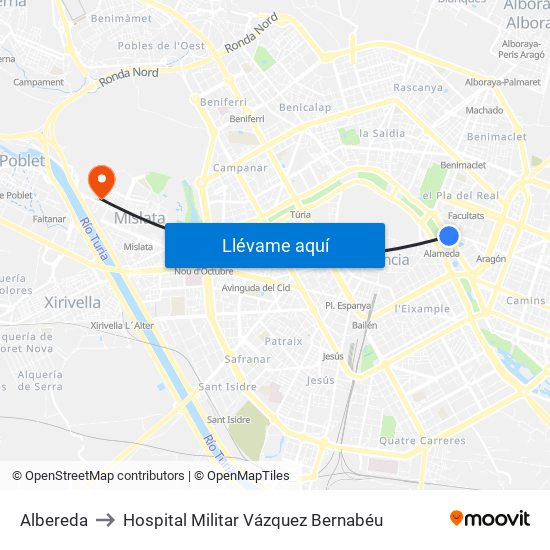 Albereda to Hospital Militar Vázquez Bernabéu map