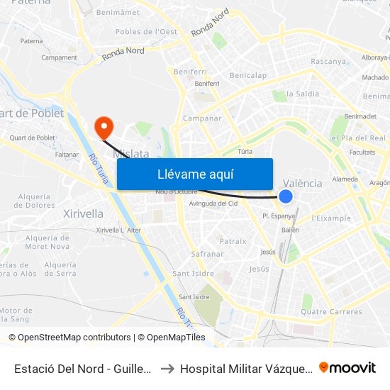 Estació Del Nord - Guillem De Castro to Hospital Militar Vázquez Bernabéu map