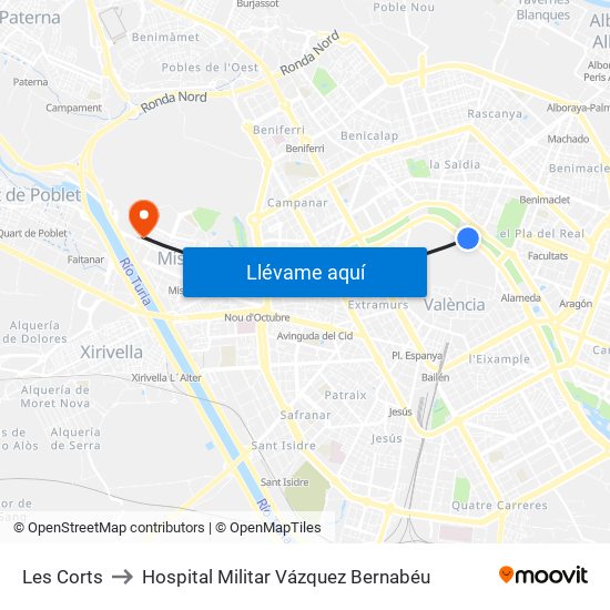 Les Corts to Hospital Militar Vázquez Bernabéu map