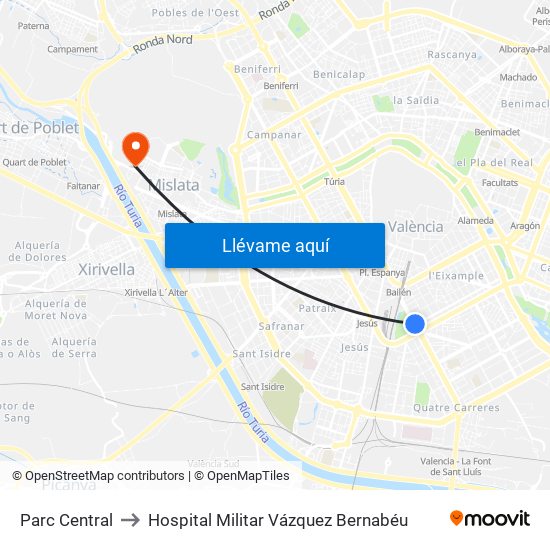 Parc Central to Hospital Militar Vázquez Bernabéu map