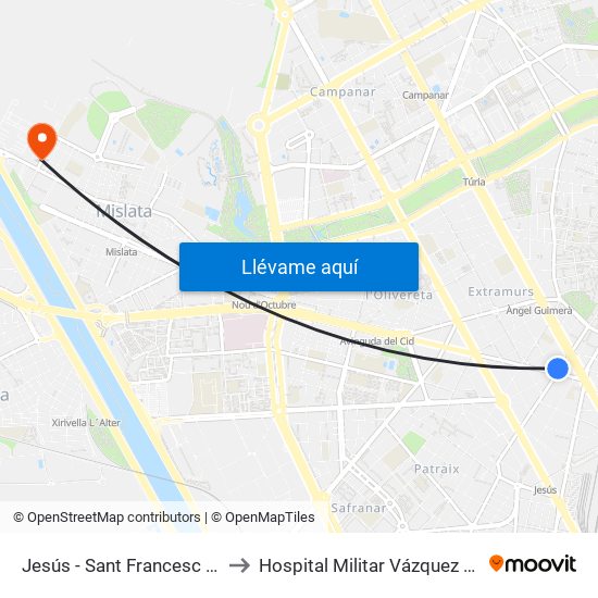 Jesús - Sant Francesc De Borja to Hospital Militar Vázquez Bernabéu map