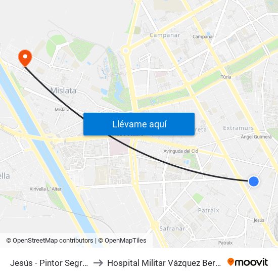 Jesús - Pintor Segrelles to Hospital Militar Vázquez Bernabéu map