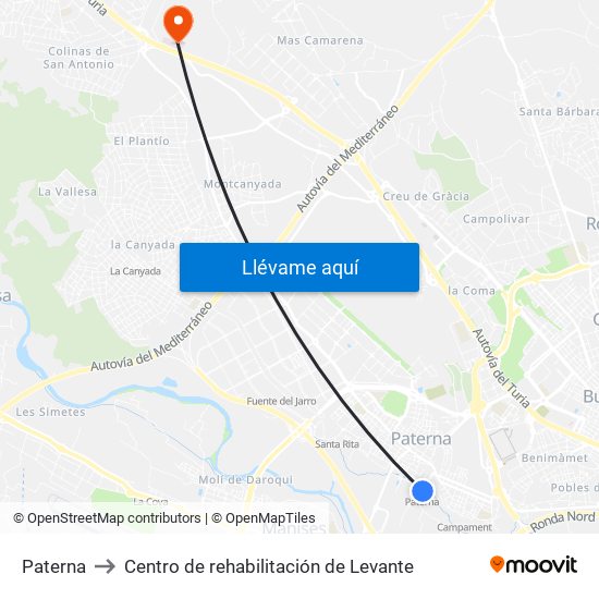 Paterna to Centro de rehabilitación de Levante map
