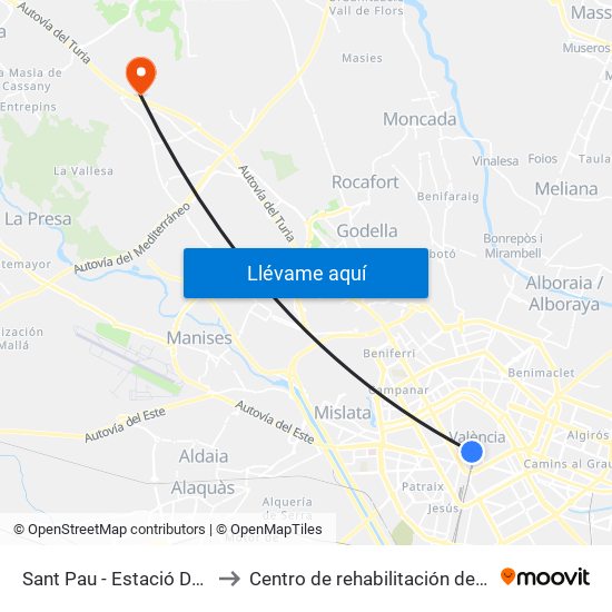 Estació Del Nord - Sant Pau to Centro de rehabilitación de Levante map