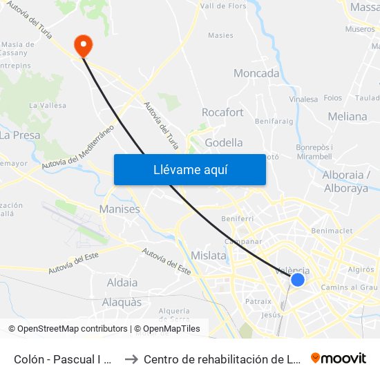 Colón - Pascual I Genís to Centro de rehabilitación de Levante map